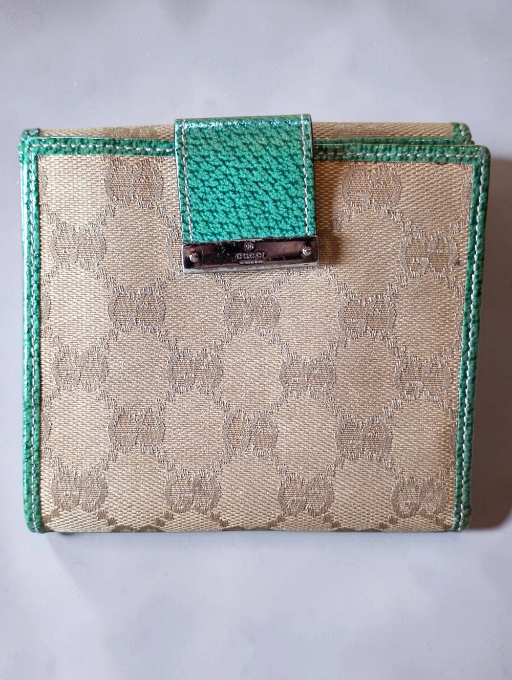 Gucci Beige Canvas Wallet with Green Leather Trim